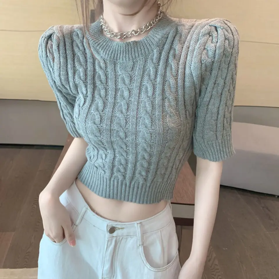 Ženy Sexy harajuku Openný zadný sveter s krátkym rukávom Top orezané jarné topy čierne oblečenie košeľa móda koraan krátky sveter