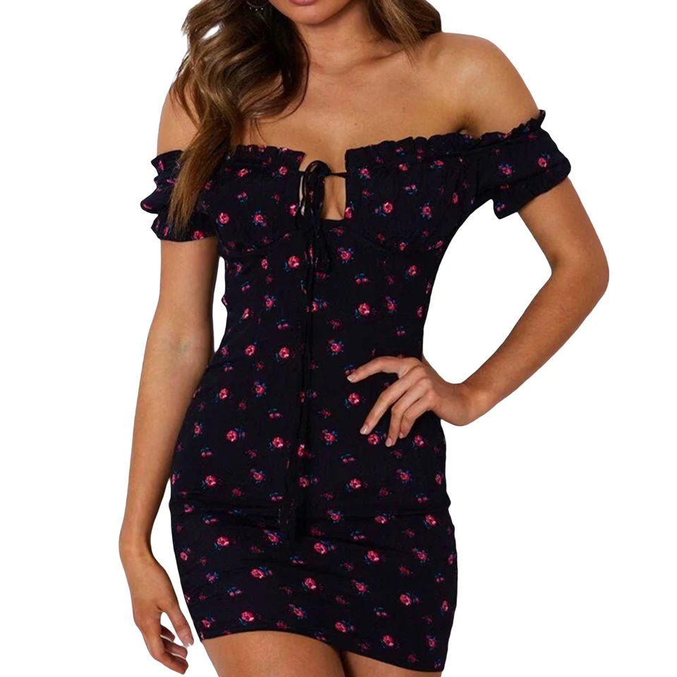 Ženy sexy kvetinové mimo ramena Bodycon Rufle Wrap Peruzka Mini šaty leto pre párty klub