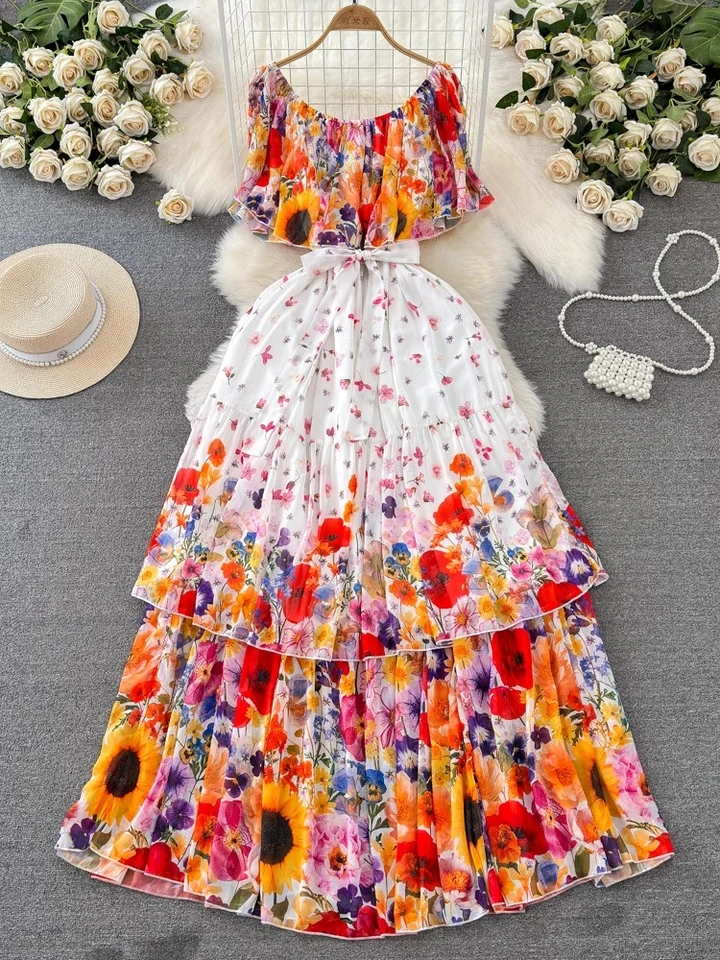 Ženy sexy mimo ramenných pláží šaty Ženy Lotus šifón tlačené kvetinové dlhé šaty dámy štíhle A-line lomík boho dlhé rúcho