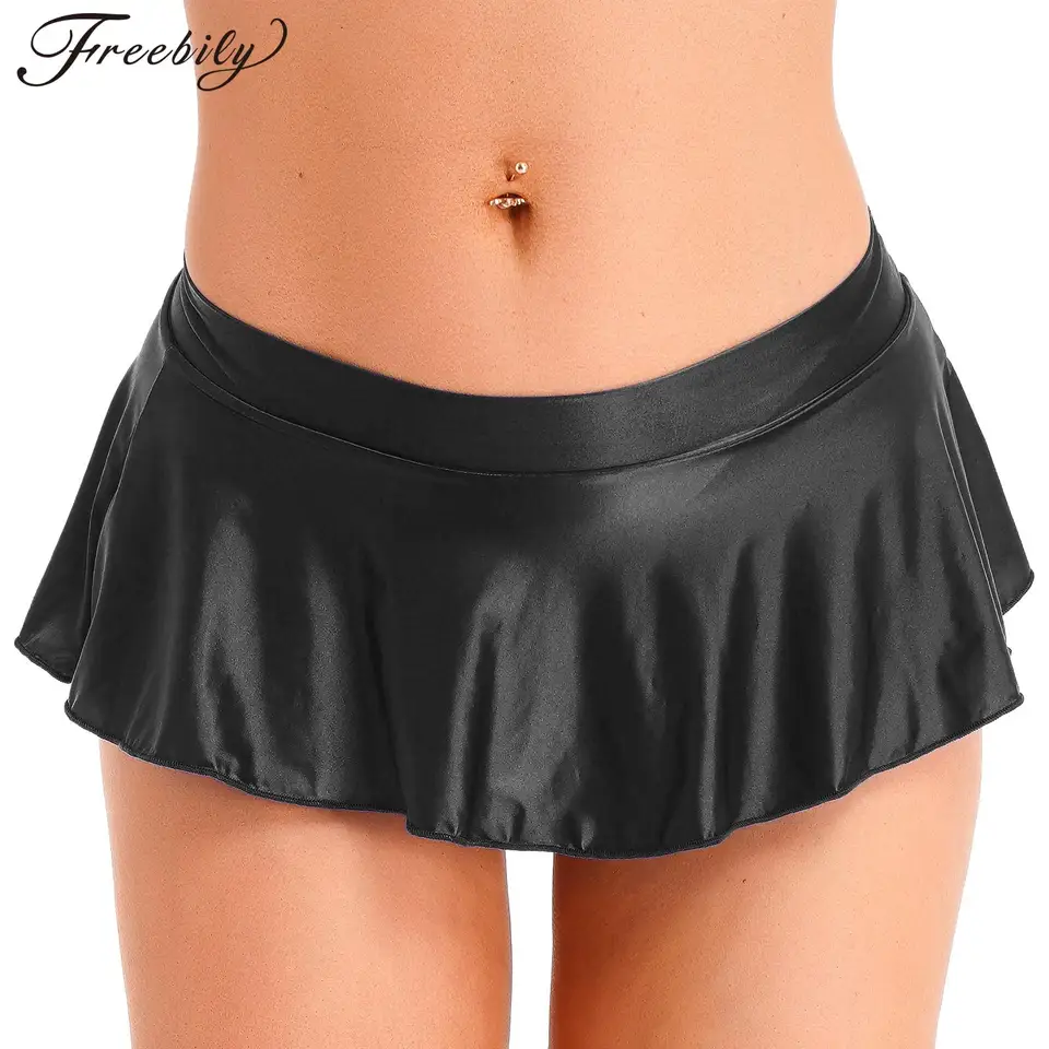 Ženy sexy nízky vzostup lesklý zvrásnaný mini sukňa bazén Beach Bikini Dno Cover Ups spodná bielizeň nočné oblečenie nočné klubové oblečenie