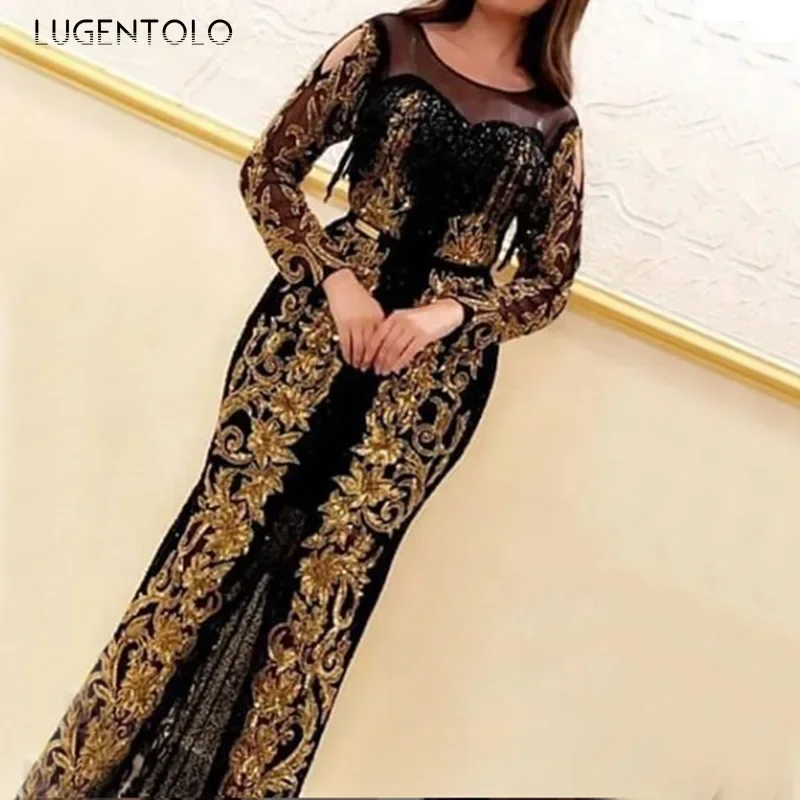 Ženy sexy párty šaty flitry čipky s dlhým rukávom okrúhly krk elegantné leto New Empire Pobres podlahová dĺžka