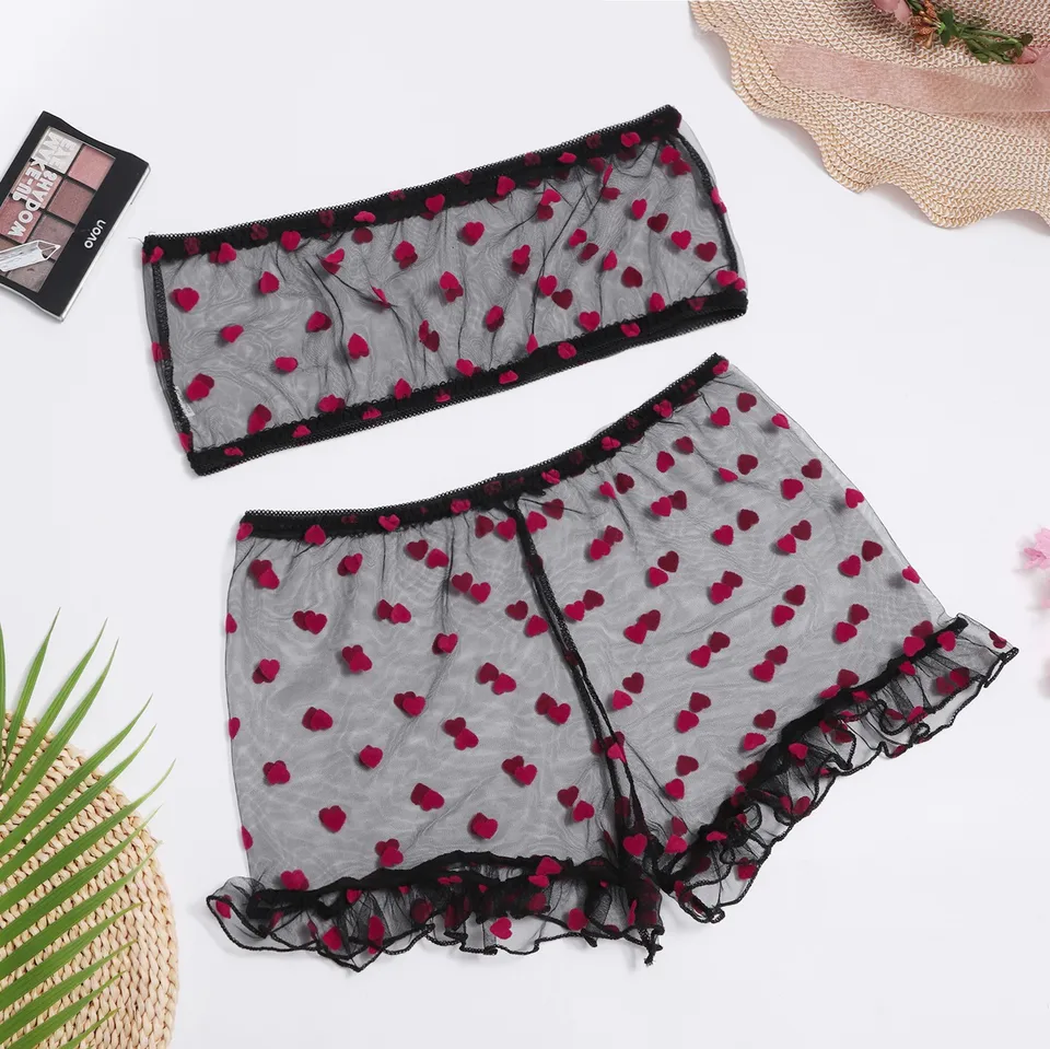 Ženy Sexy spodná bielizeň podprsenka + tangá set pyžamy srdce tlače Transparentné spodné prádlo sieťové črevo exotické odevy porno kostýmy Lenceria