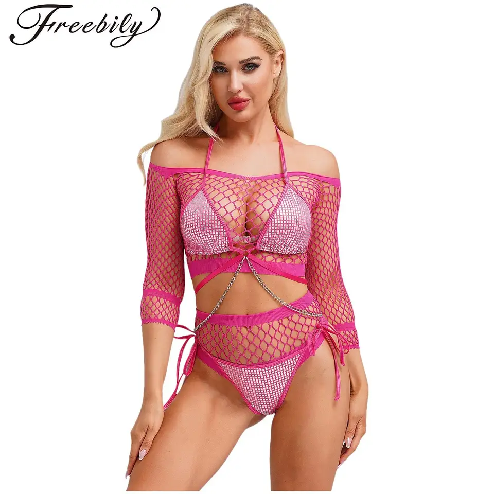 Ženy Sexy spodné prádlo Set lesklé kovové podprsenky THOG THOG HOLLOWOW-OUT FISHNET PROP TOP UNDERWAR LACE-UP-UP BIKINY BRA pre karnivals clubwear