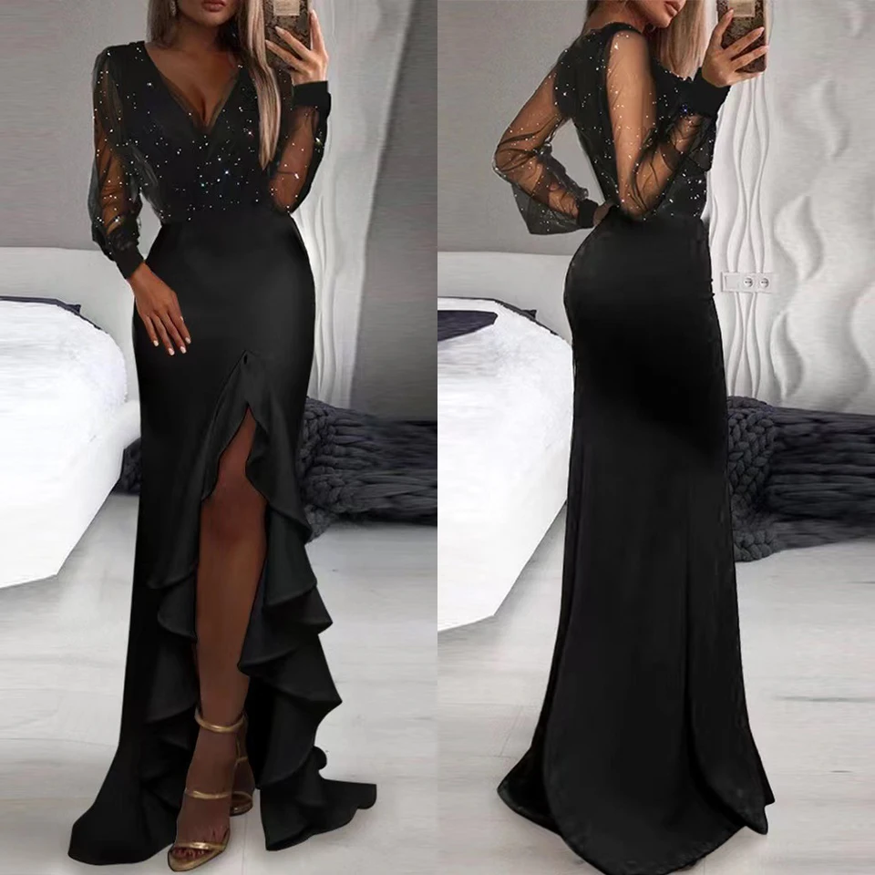 Ženy Sexy V-krk rozdelené šaty mriežky flitry elegantné temperament štíhle dlhé sukne leto Nové dlhé rukávy Party/koktail maxi šaty