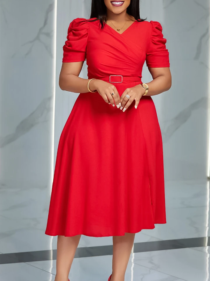 Ženy skladali linku šaty v krk Krátke rukávy elegantné elegantné kancelárske skromné ​​africké ženské kostolné šaty Spring Fashion 2024