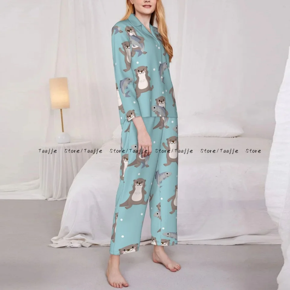 Ženy Sleewear pyžamy roztomilé vydra a ryby s dlhým rukávom pijama ženská súprava z nedbanlivosti v kardigan