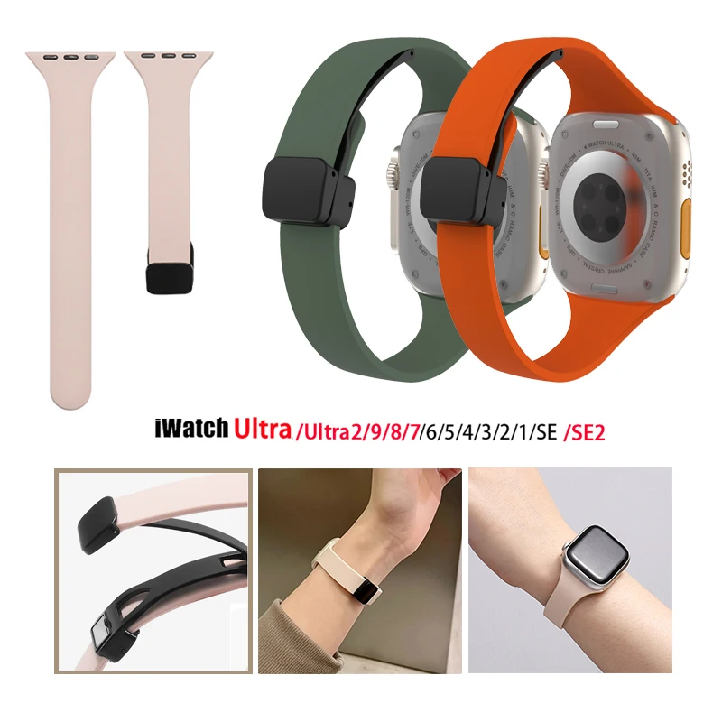 Ženy Slim Silikone Strap Magnetic Bunkle Band pre Apple Watch Ultra 2 49 mm 45 mm 41 mm 44 mm 42 mm 40 mm 38 mm 9 8 7 SE 6 5 4
