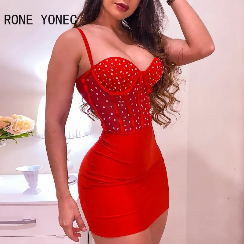 Ženy Solid Cami Hrotded Spaghetti Strap Mini Bodycon Sexy Party Červené šaty