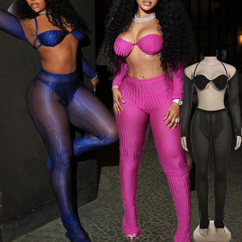 Ženy Solid Women 3 -Pety Set Leto Nové ohláňacie bikiny podprsenky s plným rukávom Tops High Pans Pants zodpovedajúce klubové oblečenie