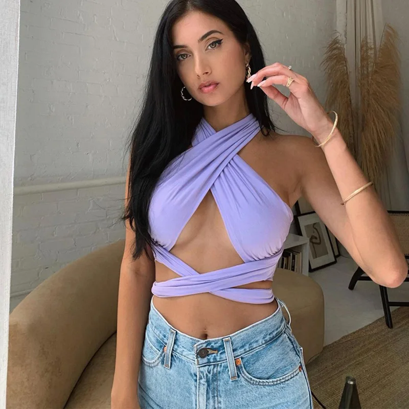 Ženy Strappy kríž cez predný výrez vyrezajte krk Halter bez rukávov bez rukávov bez spätného zábaly plodiny Top obväz