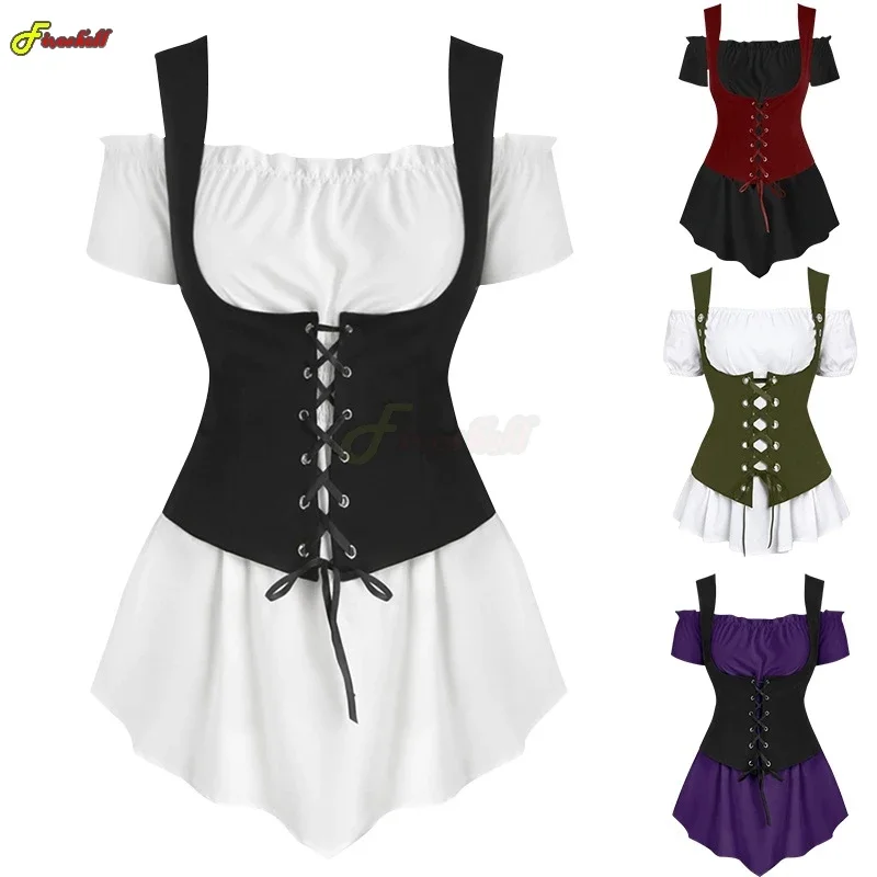 Ženy Stredoveké steampunk 2 PCS Set Cosplay kostýmy mimo ramenného gotické košeľu obväz.