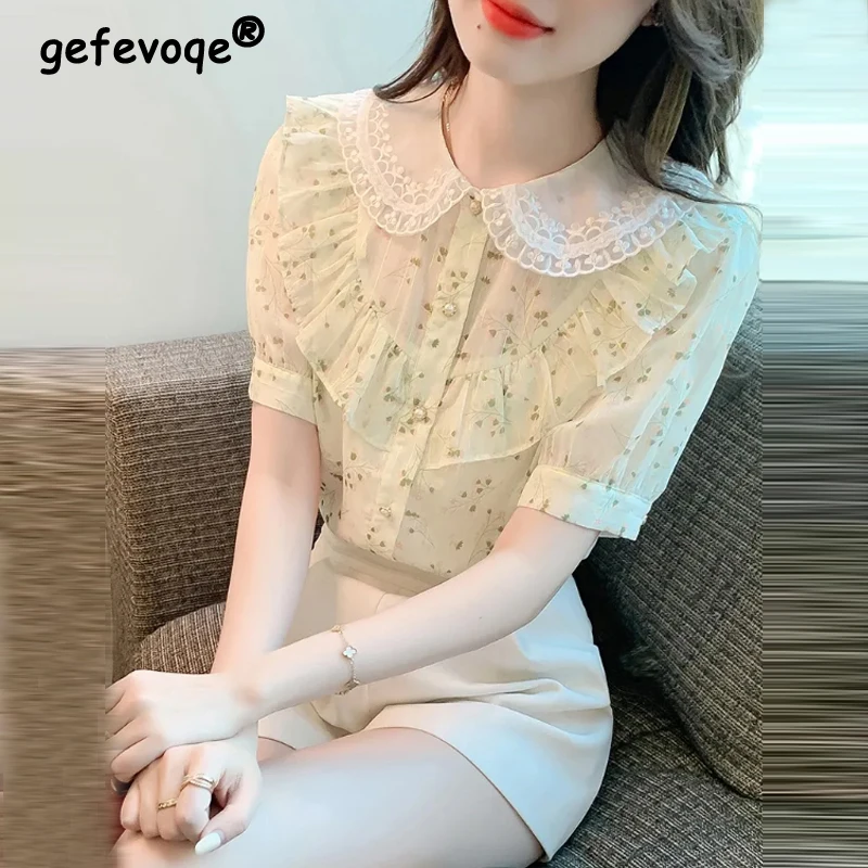 Ženy Summer módne vyvrcholenie Lace Patchwork Button Up tričko Elegantné elegantné sladké šifónové blúzka Blúzka Príležitostné krátke rukávy voľné rozprávkové vrcholy