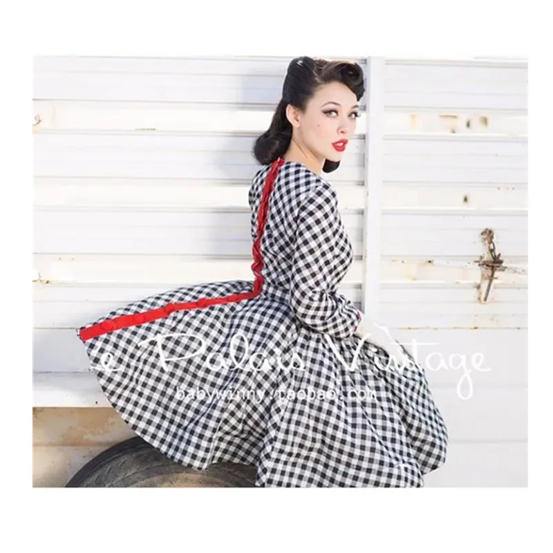 Ženy Summer Vintage 1950 Gingham s dlhým rukávom Swing Dress v čiernej rockabilly pinup rúž Vestidos retro bavlnené šaty juriny