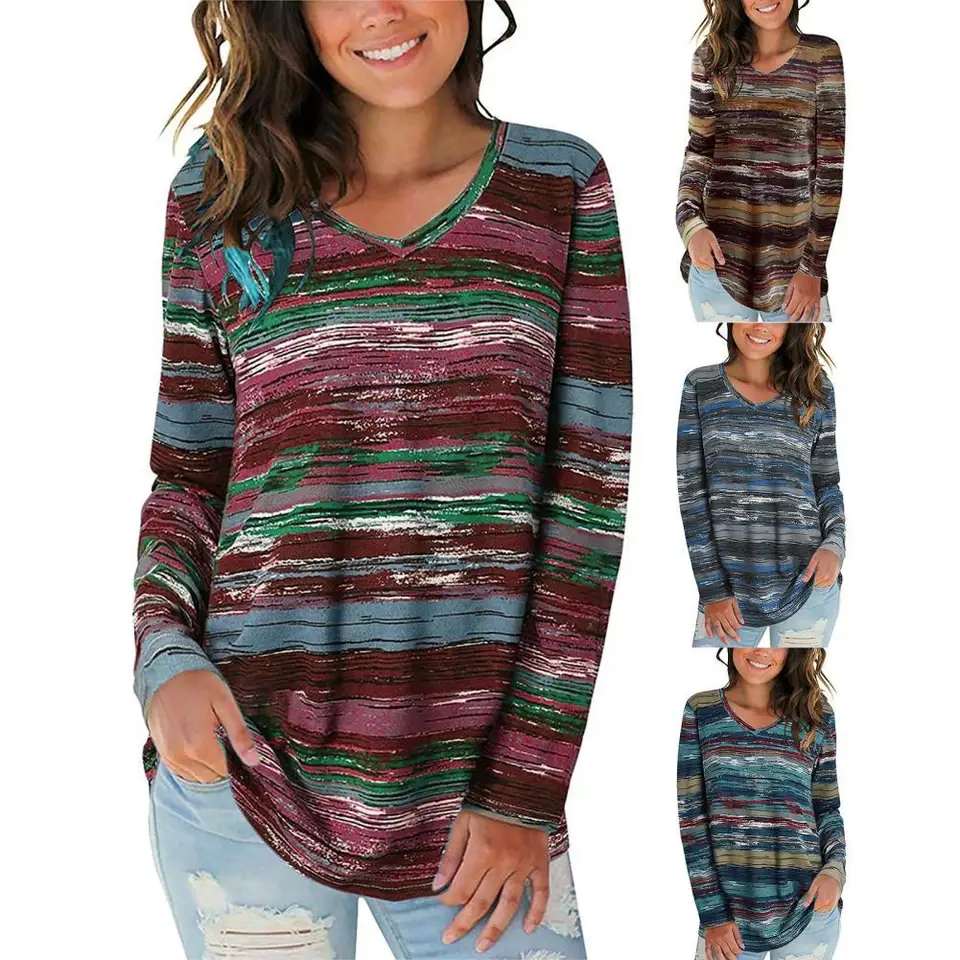 Ženy T Shir 2022 módne digitálne pruhované tlač Vneck Autumn Zimné zimné zimné s dlhým rukávom Elegantné voľné všetky zápasy Top Streetwear plus veľkosť