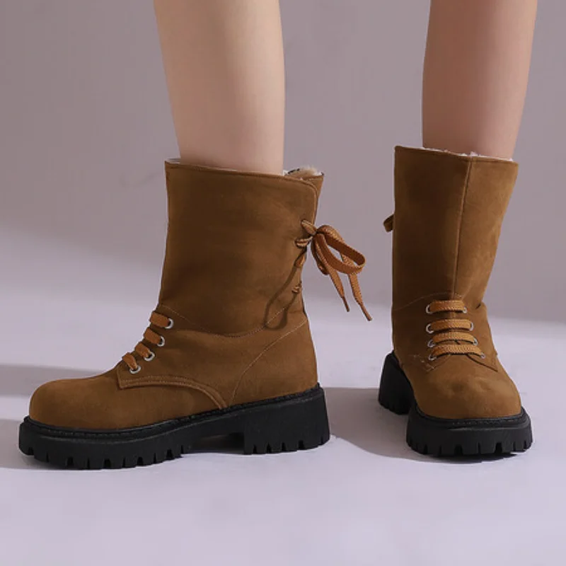 Ženy teplé plyšové kožušinové snehové topánky okrúhle prsty hrubé podpätky čipky 4 cm príležitostné denné členkové topánky veľkej veľkosti 41 42 43
