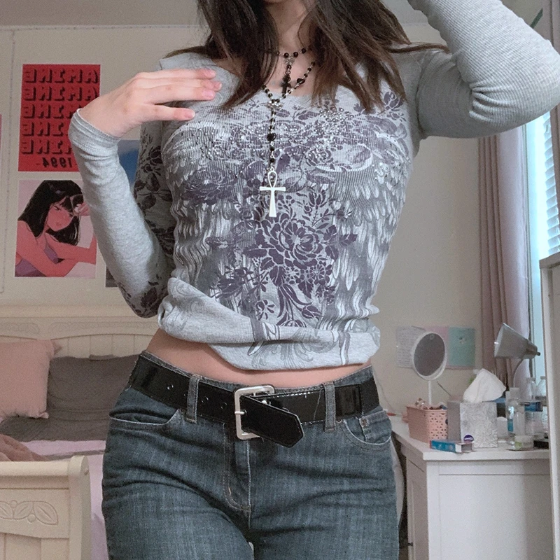 Ženy Tričko s dlhým rukávom Vintage perie krídla kvetina Vytlačená okrúhla krk gotické oživenie TEE Topy