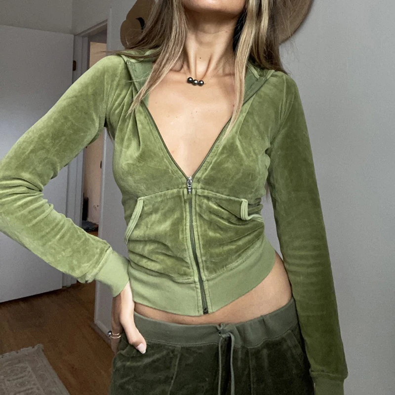 Ženy Velvet Zip Up Crop Hoodie Jacket + dlhé nohavice Y2K Príležitostné mikiny mikiny s vreckovým jesenným zimným salónikom oblečenia