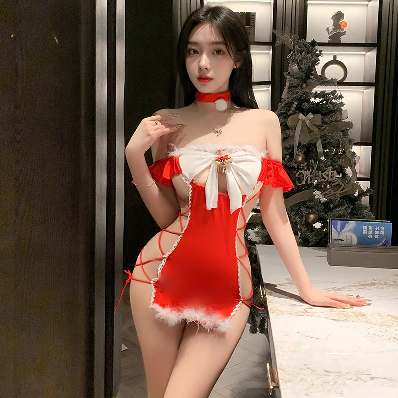 Ženy Vianoce Homewear Plyšový krk V-krk backless nočné košele číre sieťové oblečenie vianočné spodná bielizeň podväzky sukňa sexy nočná nočná močka