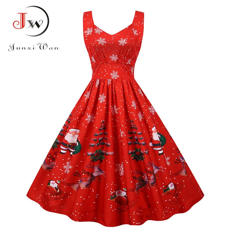 Ženy vianočné šaty Sexy špagety remienok Vintage midi Party Vestidos rúž Santa Snowflake tlač vianočné oblečenie