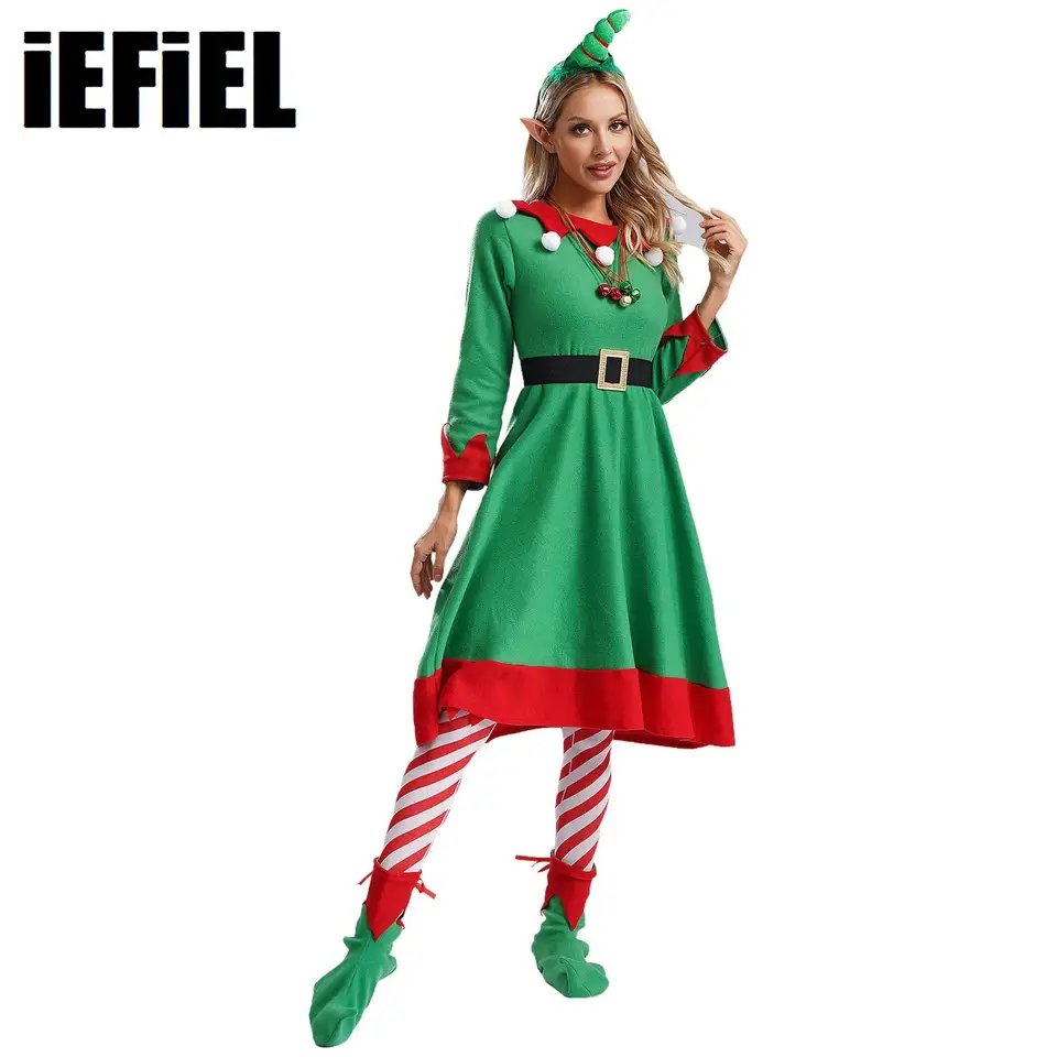 Ženy vianočné škriatkové kostýmy súprava Santa Helper Velvet Dress s vlasovými obručami škriatkových uší topánky Bells Bells Set Costume