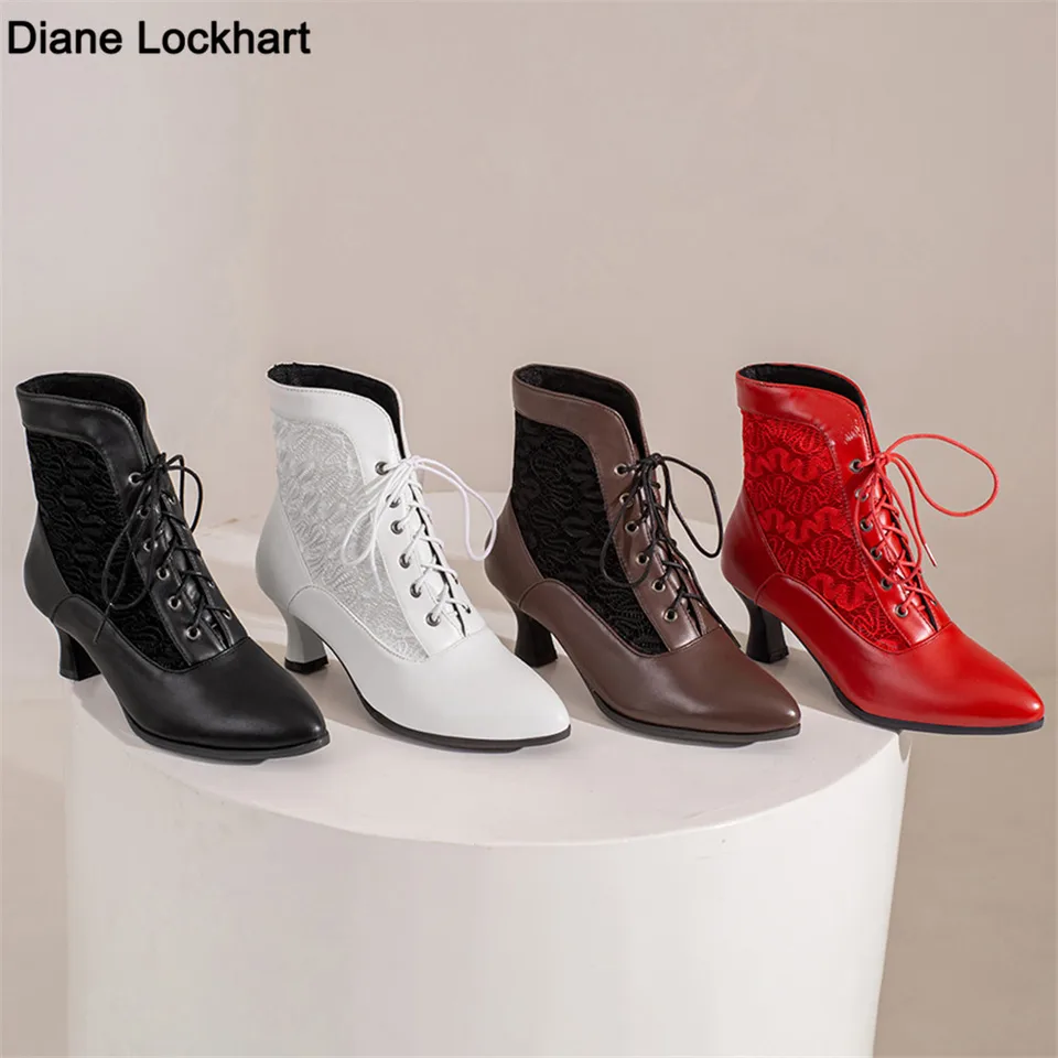 Ženy viktoriánske špicaté päty členky topánky kožené čipky z dutiny Punk Lace Up Strange Steampunk High podpätky plus veľkosť 32-46