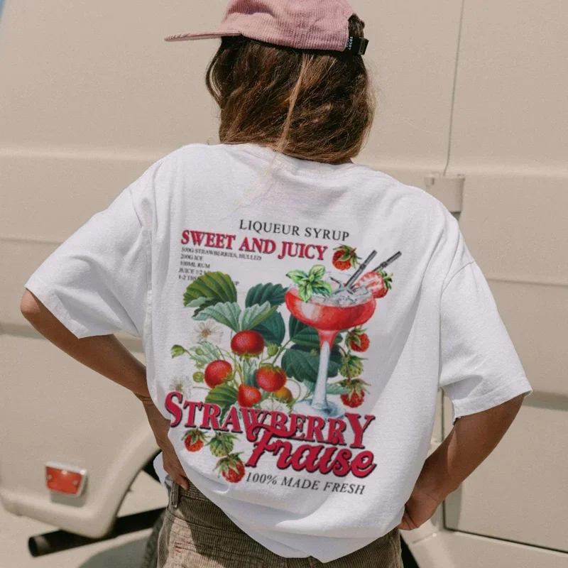 Ženy vintage estetické ovocné tričká Strawberry Retro Streetwear Top koktail nápoj košele unisex nadmerne veľtrhové šaty