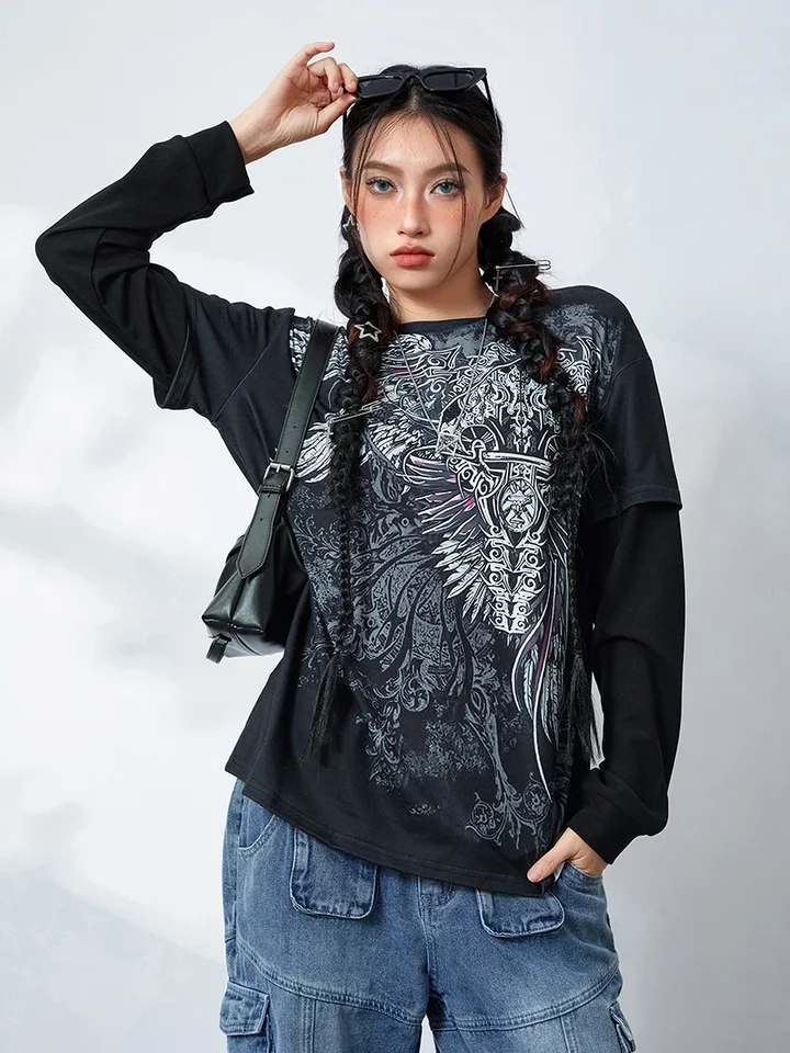 Ženy vintage grafické grunge topy y2k goth baggy s dlhým rukávom falošné dve košele jarné alt odev pre dospievajúcich halloween streetwear