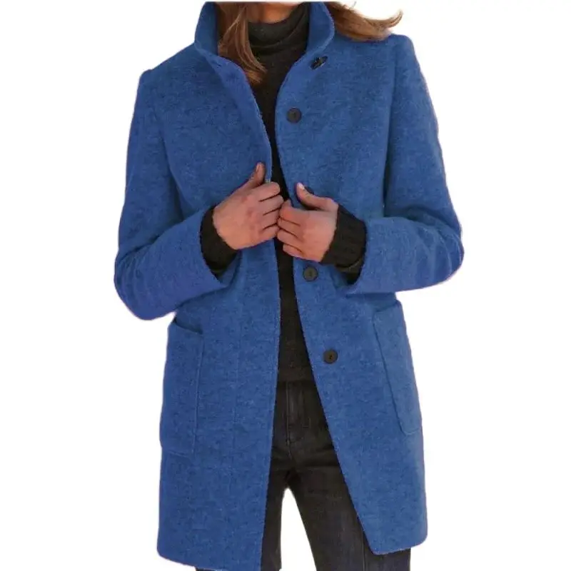 Ženy vintage pevné farby Stand-up golier Tweed bunda jesenná zimná zimná zima Warm dochádzanie vonkajšie oblečenie s jednostranným svetrom s jednostranným kabátom
