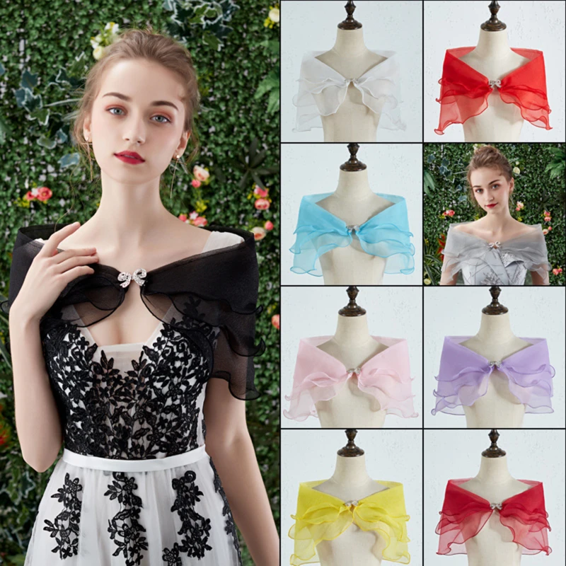 Ženy vintage vrstvené gázové šatky zábalové pokrčenie kamienok kamienok Svadobné šaty zakrývajú sexy mimo ramenných hubov Bolero