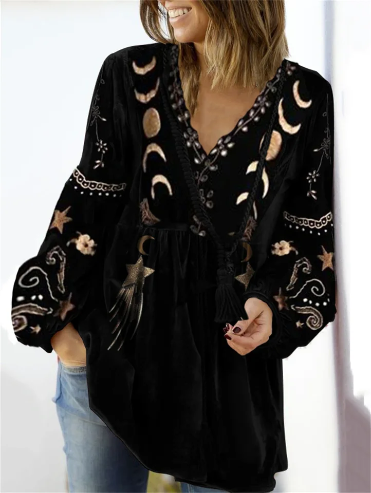 Ženy Vintage zamatová košeľa hviezda Moon Pattern V krk s dlhým rukávom Streetwear Spring Jeseň jeseň voľný tričko s tričkami 2024