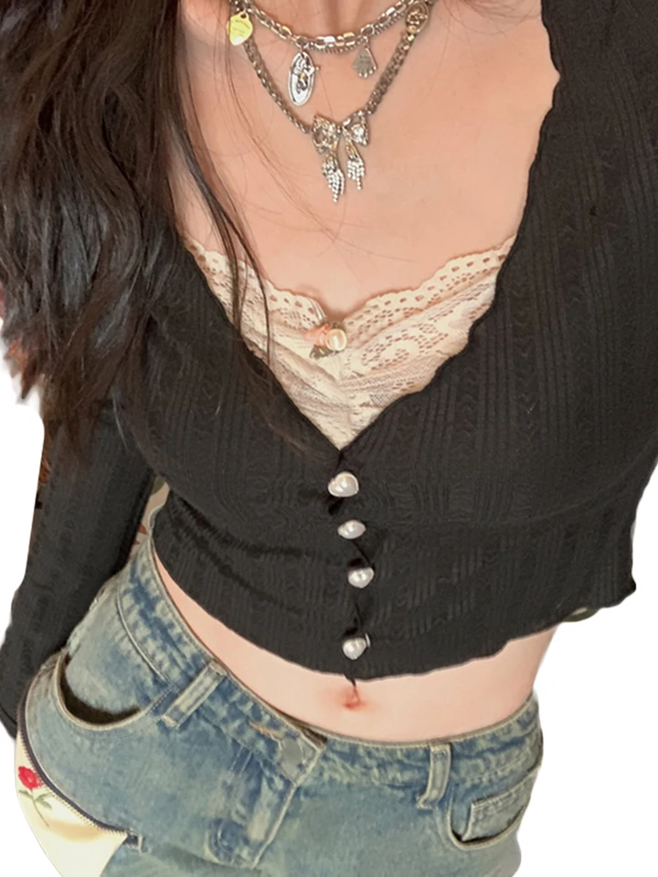 Ženy vintage čipka Patchwork Tričko s dlhým rukávom srdiečko krk plodina Top tenké fit blúzka y2k idúca von