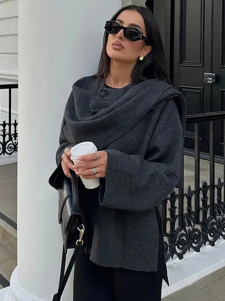 Ženy vlnené príležitostné krátky kabát so šatkou elegantná elegantná jednorazová voľná voľba s dlhým rukávom mäkká elegantná bunda 2024 Jeseň Outwear
