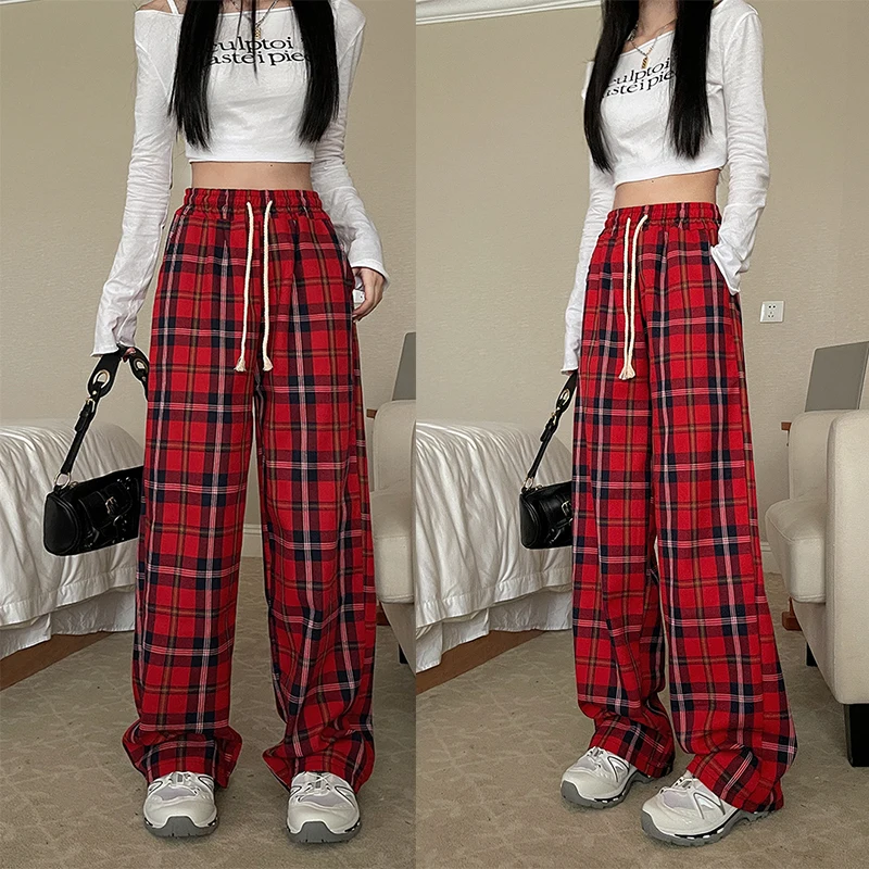 Ženy vysoký pás y2k uvoľnené nohavice na rovné nohavice Lady Kórejský harajuku vrecká široké nohavice nohavice Žena Casual Grunge Red Plaid Slacks
