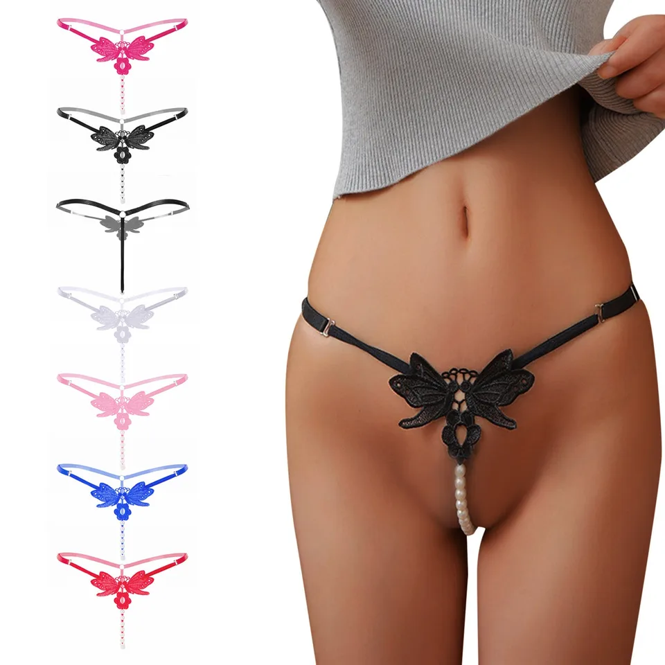 Ženy vyšívané duté motýľ g-string tangy sexy spodné spodky s nízkym pásom otvorené rezané perlové masáže tangé erotické nohavičky трусы