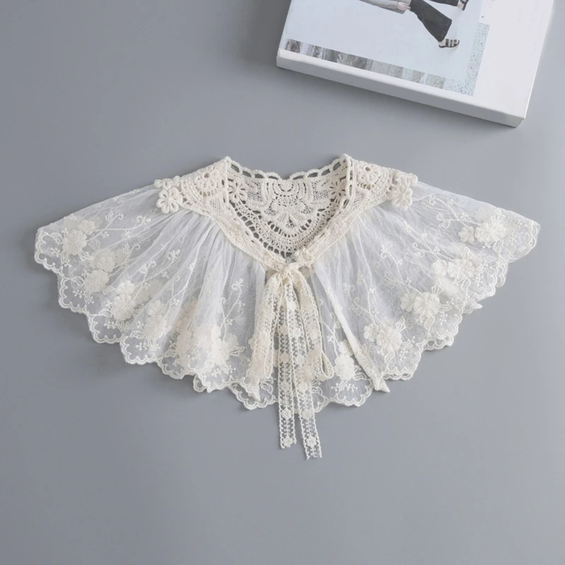 Ženy výšivky kvetinové čipky odnímateľné falošné goliere skladané veľké šnurovacie šnurovacie šnurovanie elegantné caplet