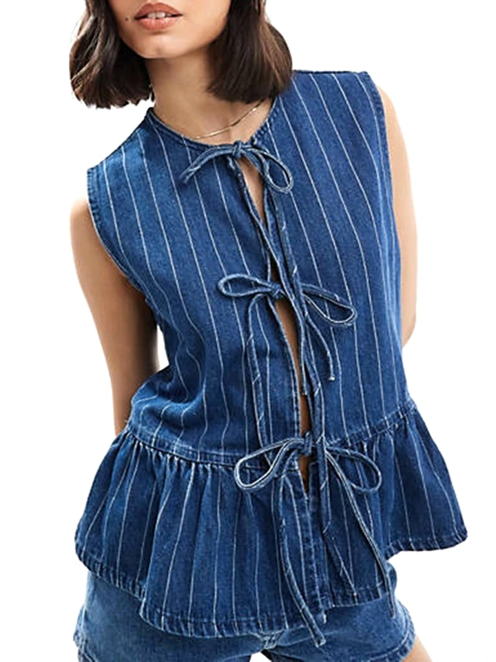 Ženy Y2K Denim Peplum Touch Tops Tops Tary Bezprníl bez rukávov prúžkovaný rufovaný hem babydoll vesta košele letné roztomilé vinobranie Tee Streetwear
