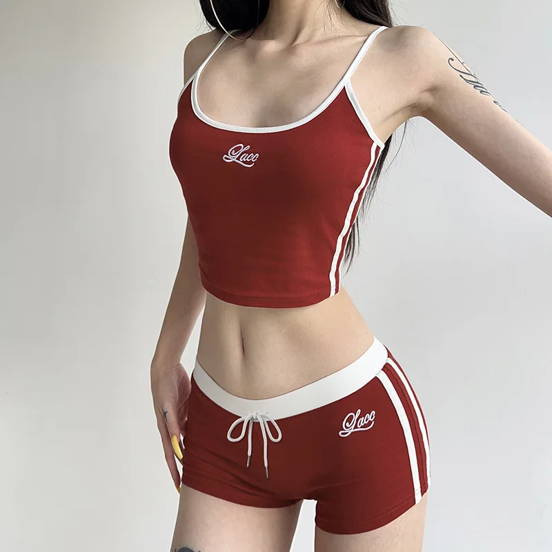 Ženy y2k dvojdielne športové šortky nastavené módne vyšívacie listy kontrast farebne bezprostredne camisole s kraťasmi letný outfit