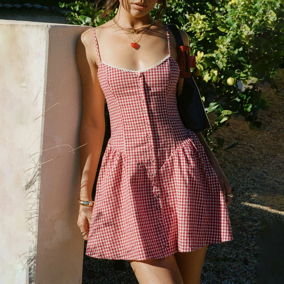 Ženy Y2K Plaid Mini šaty Gingham špagety remienok na rukávy s krátkymi šatami bez ramienok bez ramienok na sviatočné večierok Streetwear