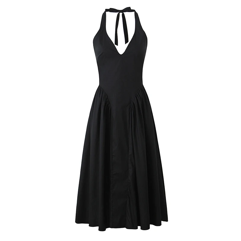 Ženy Yenkye Sexy Elegantné čierne šaty ohlávky s nízkym pásom skladané hojdačka midi dlhé backless party šaty dámske vianočné rúcho