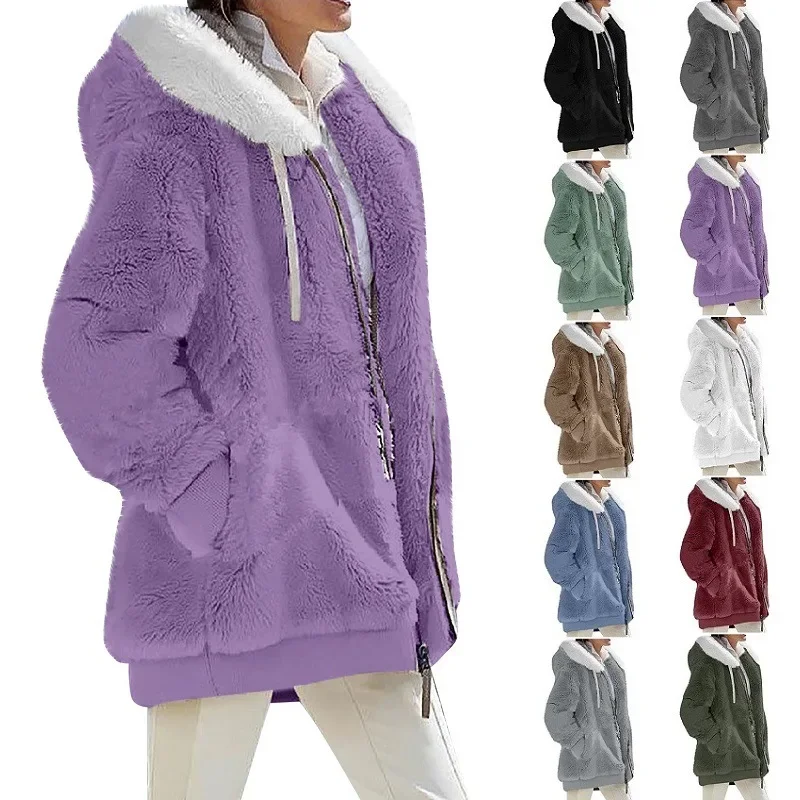 Ženy zimné kabáty masívne farby dlhé rukávy zips sveta uvoľnené teplé chlpaté plyšové plyšové plus plus veľkosť zimné oblečenie s kabát