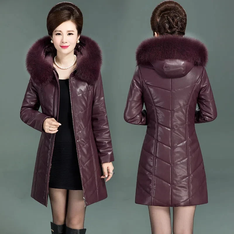 Ženy zimné pridávajú hustá kožená bunda kabát pu kožušinové kožušiny Slim Fit Pridajte bavlnu so stredne dlhými outcoat vrcholy 6xl