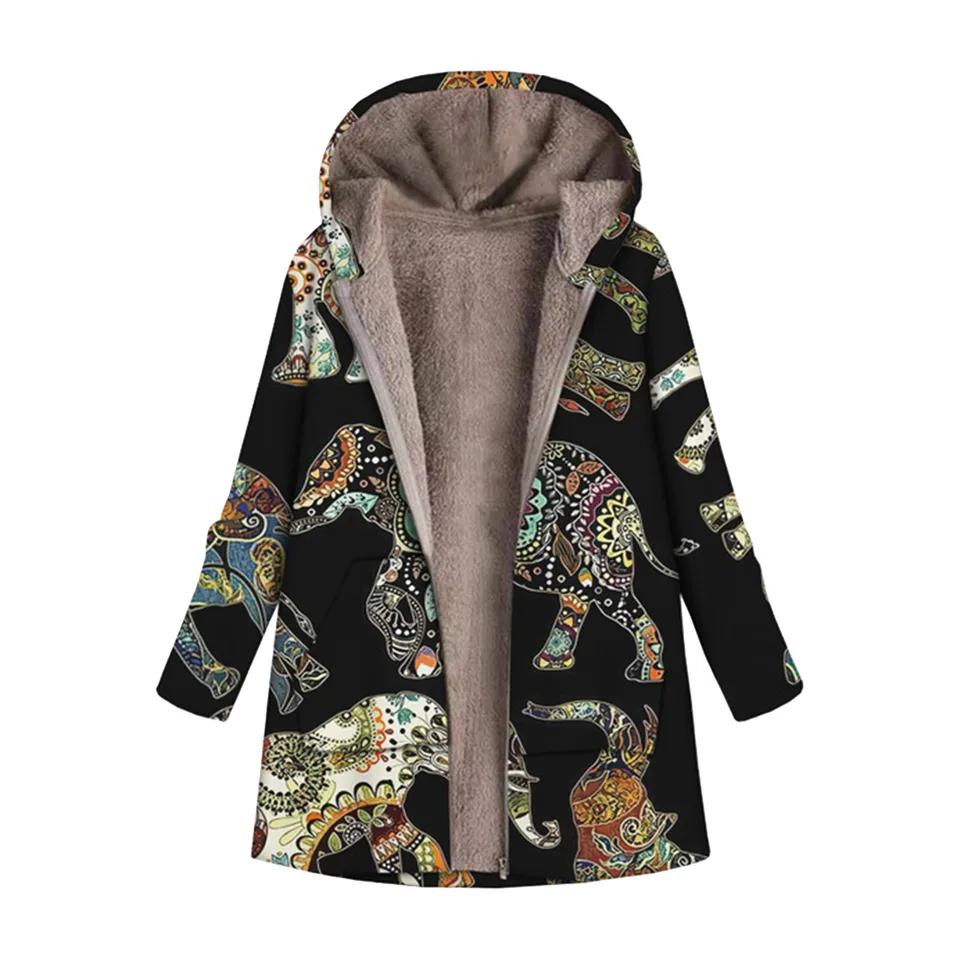 Ženy zimné voľný čas tlačené s kapucňou plyšou bunda fleece zipsový kabát voľné teplé teplé vrecká vonku Parkas пальто женское