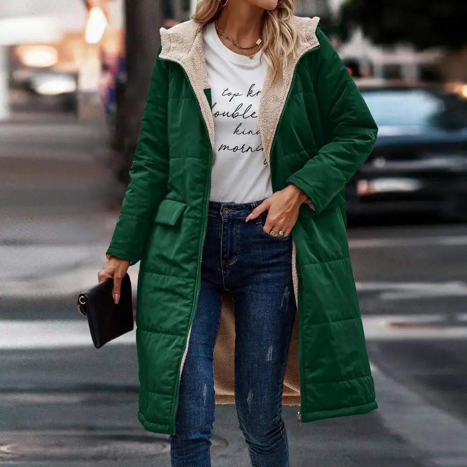 Ženy Zimné zostrihovanie dlhých kabátov s kabátom s dlhým rukávom Fleece Lining Outwear Zipper Placket obojstranne opotrebovanie Long Down Bunda