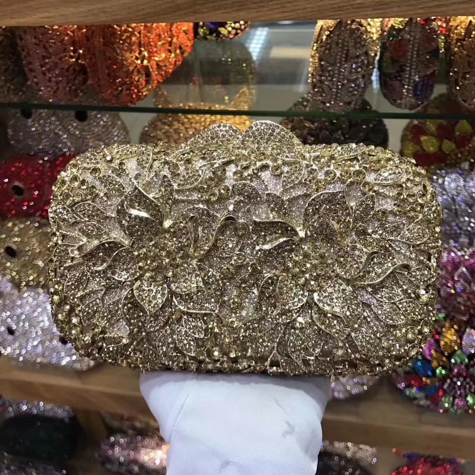Ženy Zlato fialová červená oranžová šampanská spojka kvet Diamond Dial Crystal Crystal Bag Večera Gala