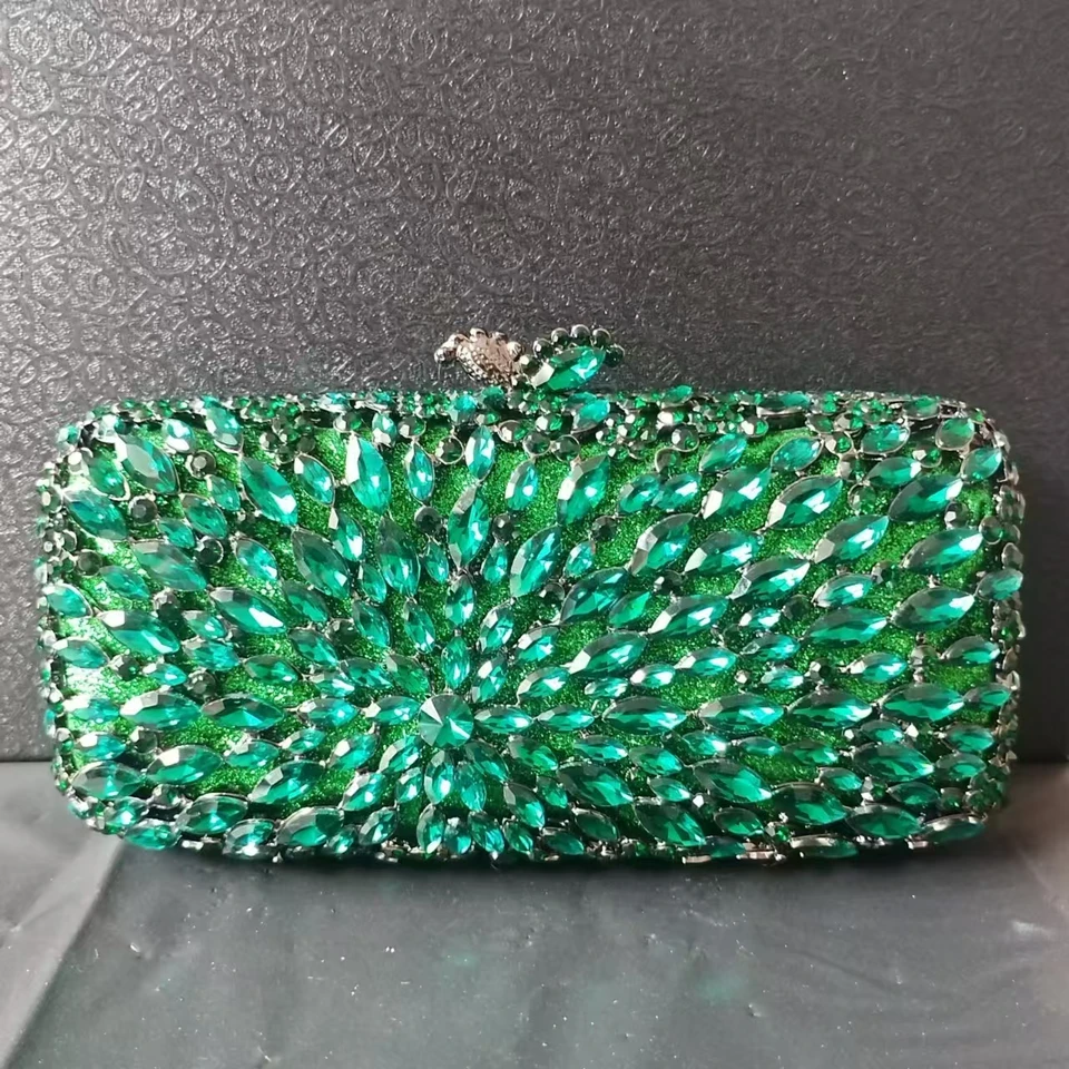 Ženy Zlato/strieborné/zelené/fialové krištáľové večerné tašky Dámy Diamond Minaudiere svadobné drahokam