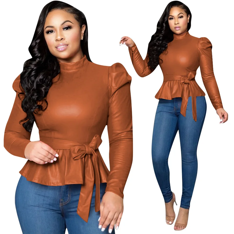 Ženy červené kožené pullover Tops s dlhým rukávom peplum bundy jeseň Outwear Elegant Office Ladies Streetwear RH333
