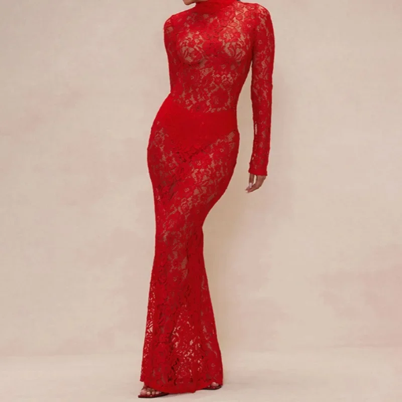 Ženy červené vidieť cez maxi čipky večerné večierky Polovica vysokého krku plné rukávy Bodycon Long Clubwear Birthday Robe na Vianoce