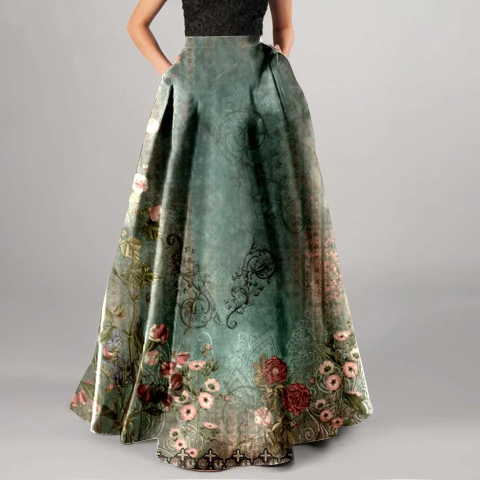 Ženy České kvetinové tlač maxi sukňa tunika Vintage retro trendy skladané sukne vrecká ženskej dĺžky podlahy ležérne kancelária faldas