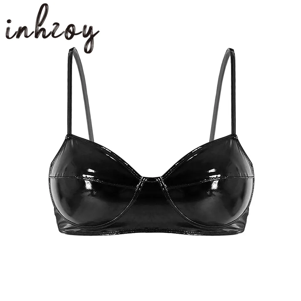 Ženy čierne mäkké faux kožené sexy spodné prádlo Žiadna podložka Braleta push Up Bra Tops pre ženský nočný klub Performance Rave Costy
