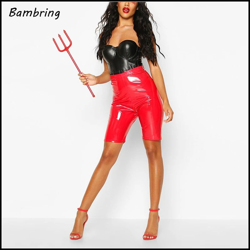 Ženy čierne sexy latexové kraťasy kancelária Lady Casy High Pase Stretch Biker Shorts Clubwear Cleax Pu Kožené krátke nohavice Nové zvyky